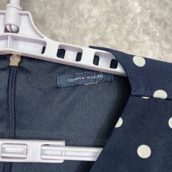Tommy Hilfiger Dress Womens 11/19 Navy Polka Dots Stretch Retro Pleated V-Neck - Picture 10 of 14